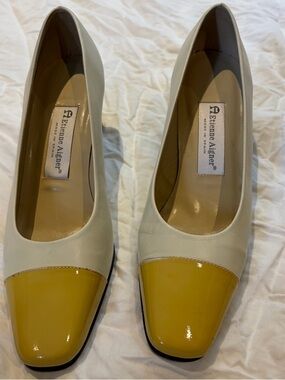 Etienne Aigner White Leather Pumps with Yellow Patent Toe
